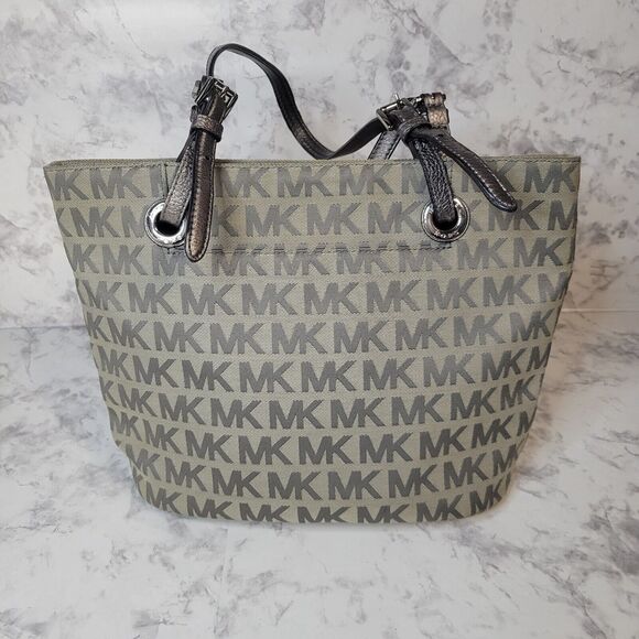 Michael Kors Jet Set Travel Top Zip Signature Monogram Tote Silver Designer - Picture 2 of 14